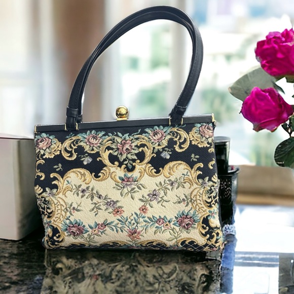 Walborg - Made in West Germany Handbags - Walborg -Women’s Vintage Handbag -Black Leather -Antique Rose Floral Embroidery